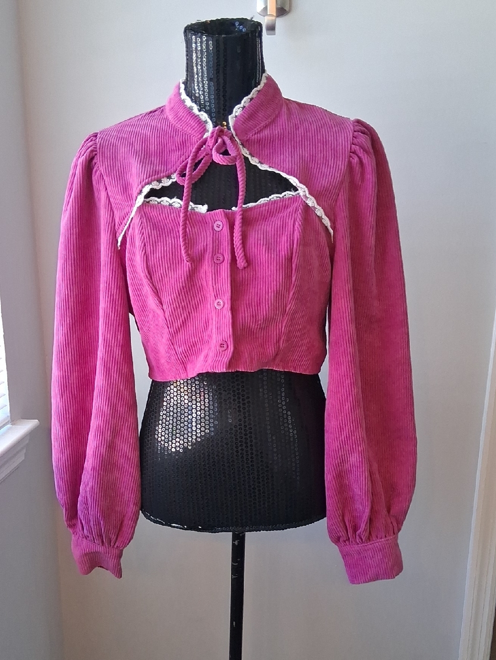 MOD Frill Trim Tie Neck Cut Out Cord Crop Blouse